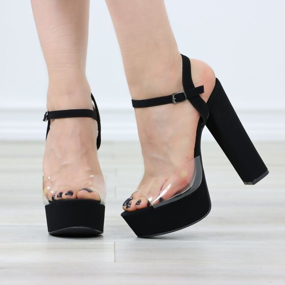 Black Suede Clear Strap Platform High Heels - Picture 11 of 12